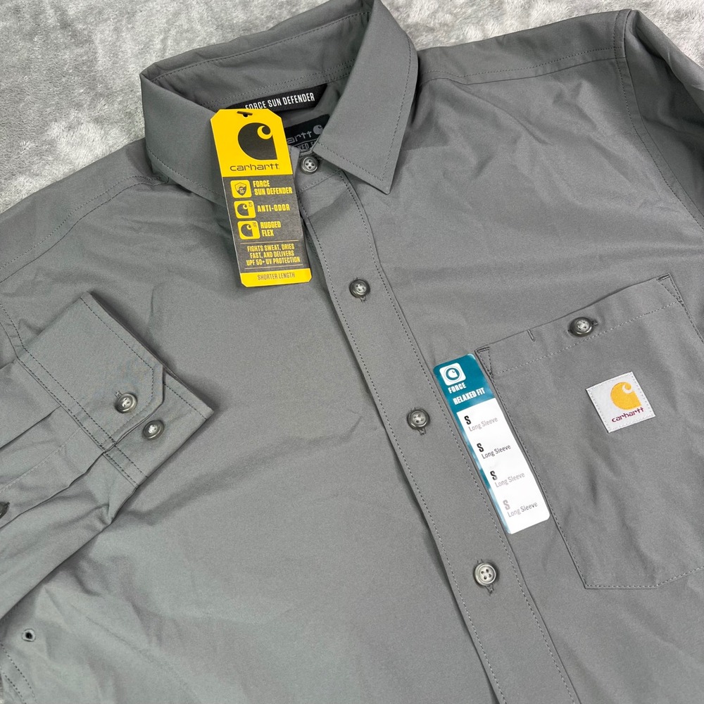 Carhartt Force Sun Defender Shirt Mens S Grey Solid Long Sleeve UPF 50 Utility